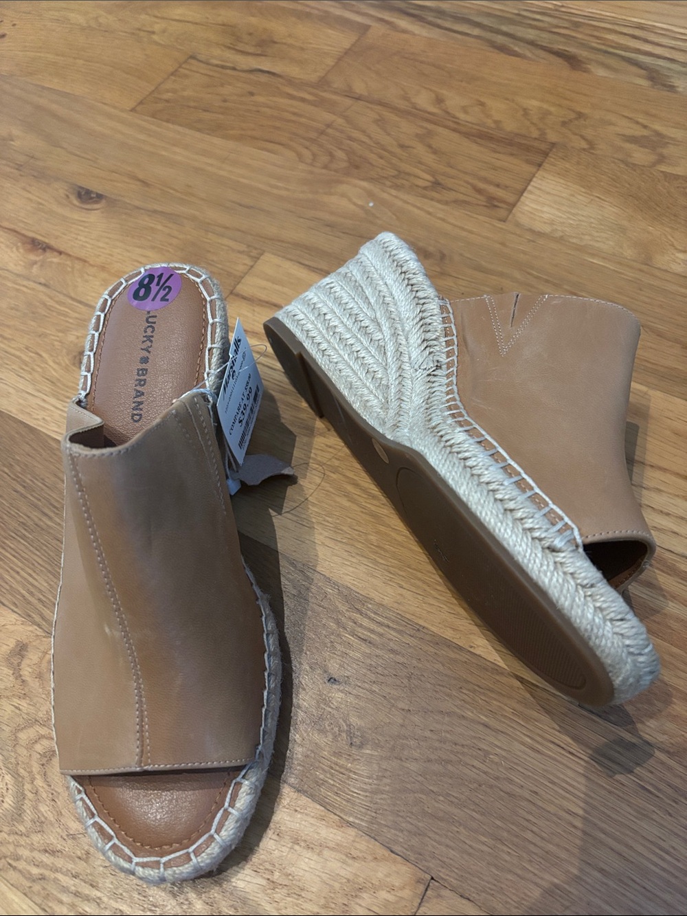 NEW Lucky Brand Cabriah Leather Espadrille Wedge Sandals Open Toe Mules 8.5 Tan